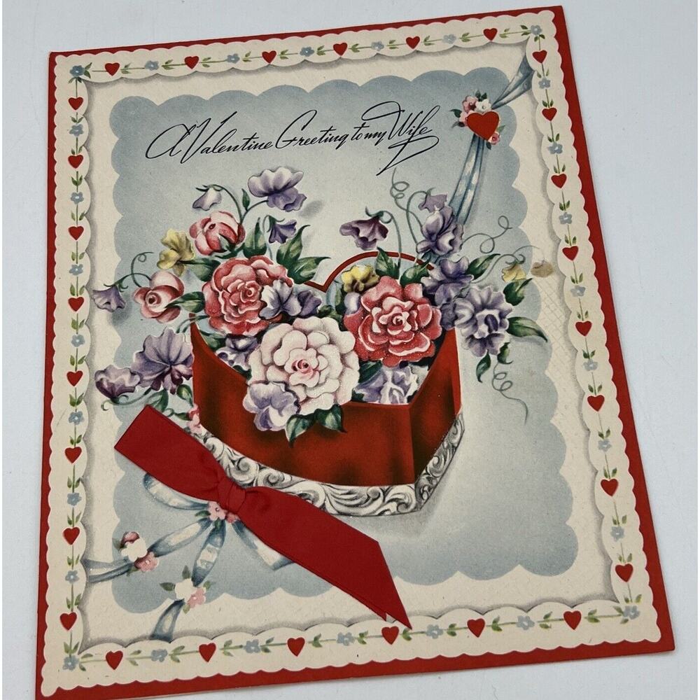Large Vtg 1940s Valentine's Day Greeting Card Used 8.5" Heart Ribbon Roses Wife